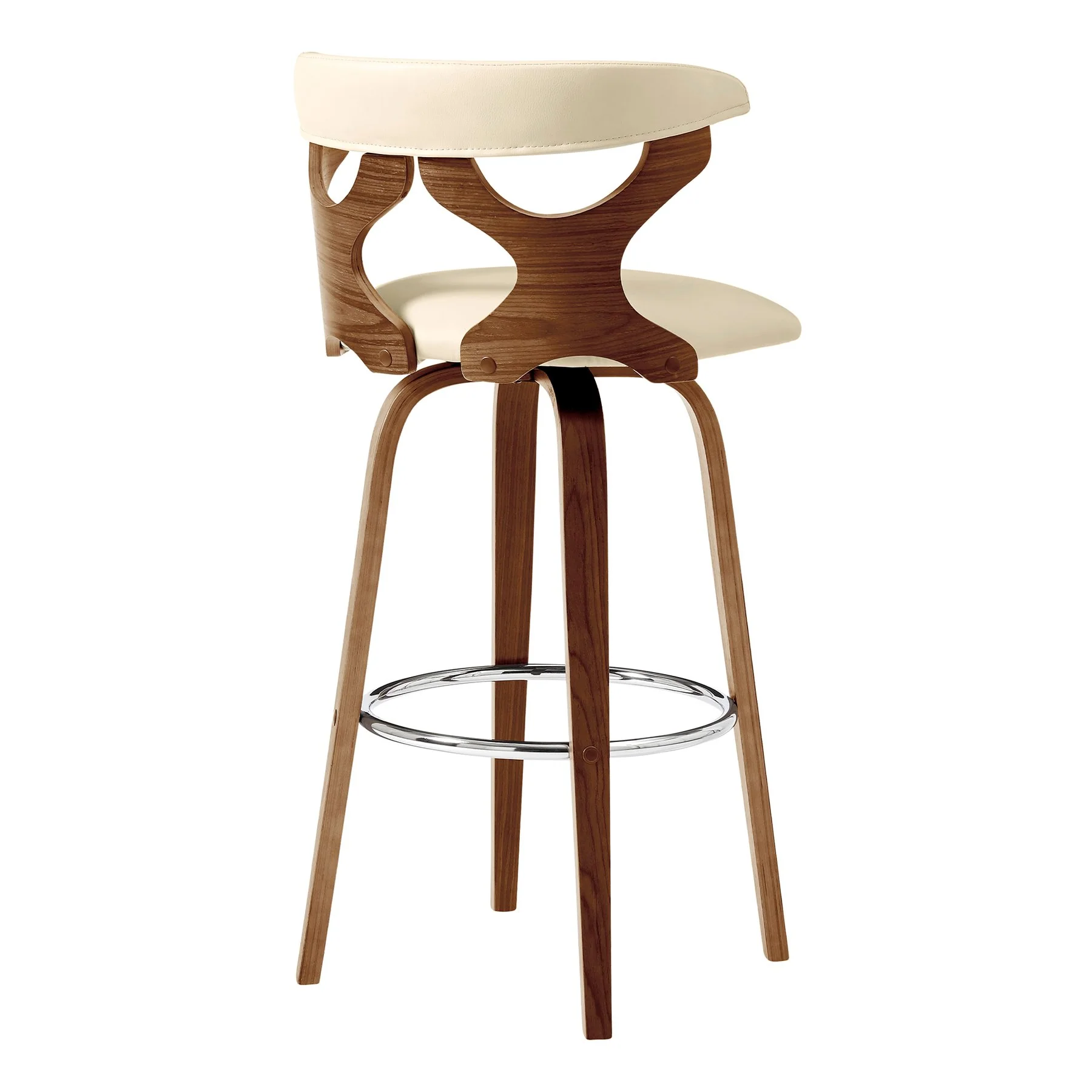 Zenia 30" Swivel Bar Stool in Cream Faux Leather and Walnut Wood - Image 4