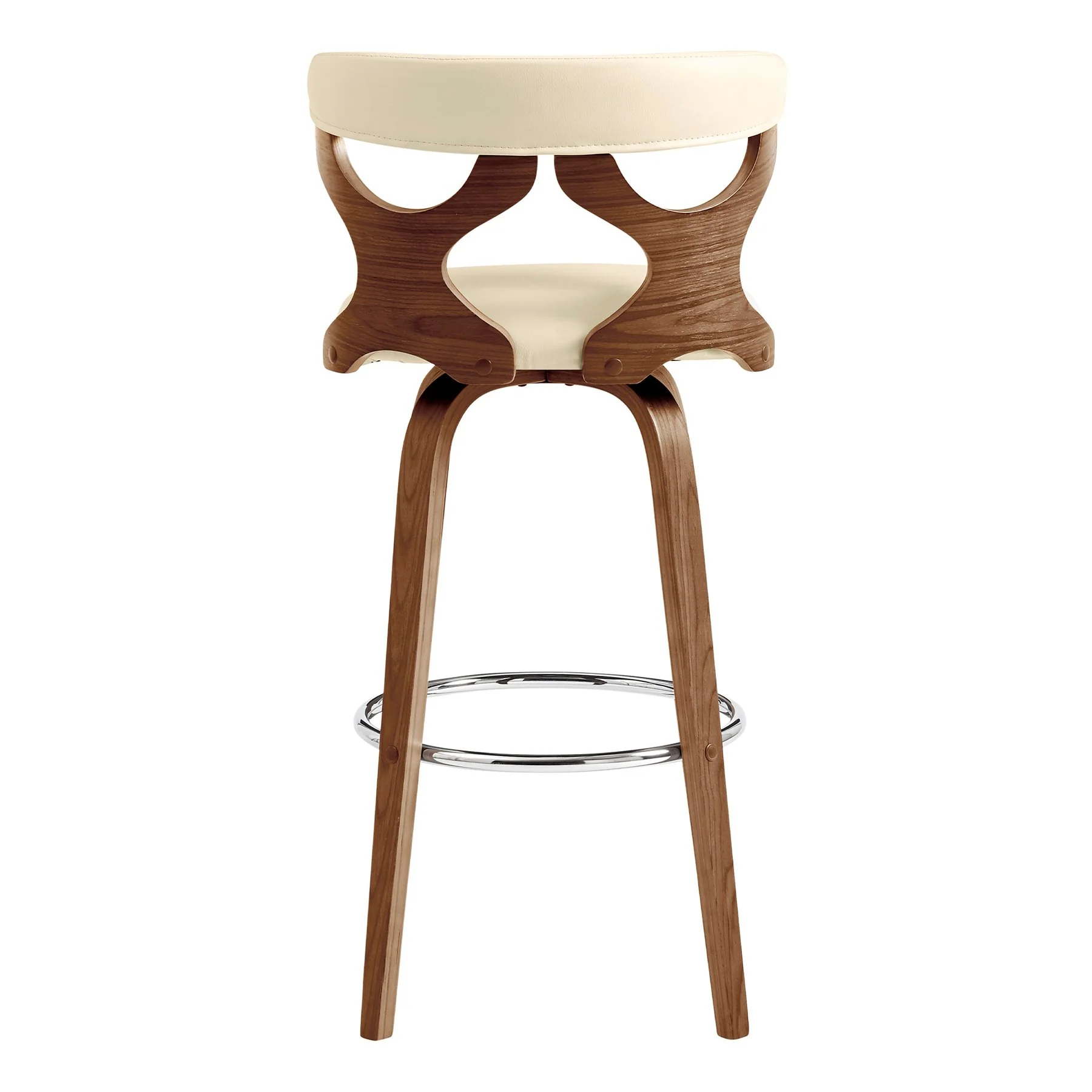 Zenia 30" Swivel Bar Stool in Cream Faux Leather and Walnut Wood - Image 5
