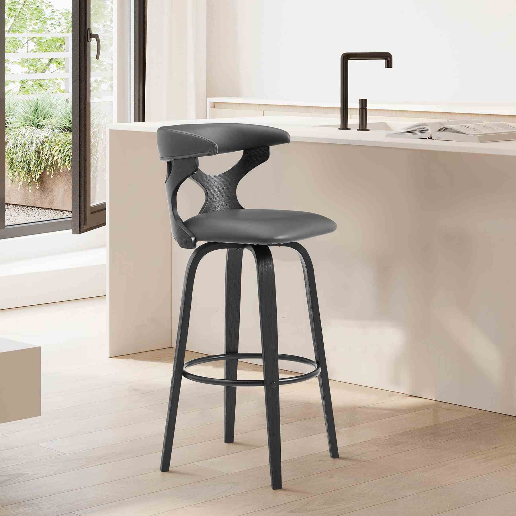 Zenia 30" Swivel Bar Stool in Gray Faux Leather and Black Wood - Image 9