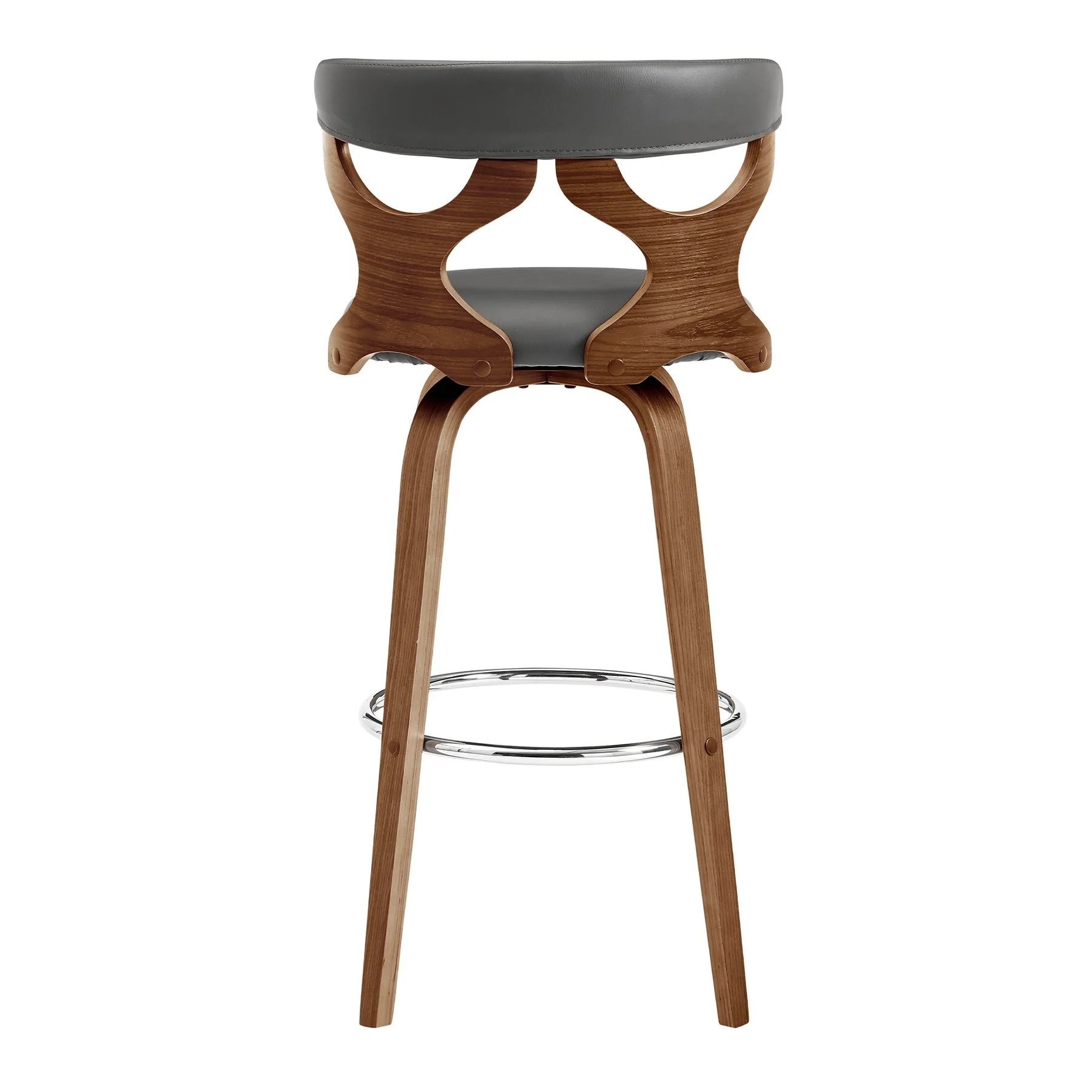 Zenia 30" Swivel Bar Stool in Gray Faux Leather and Walnut Wood - Image 5