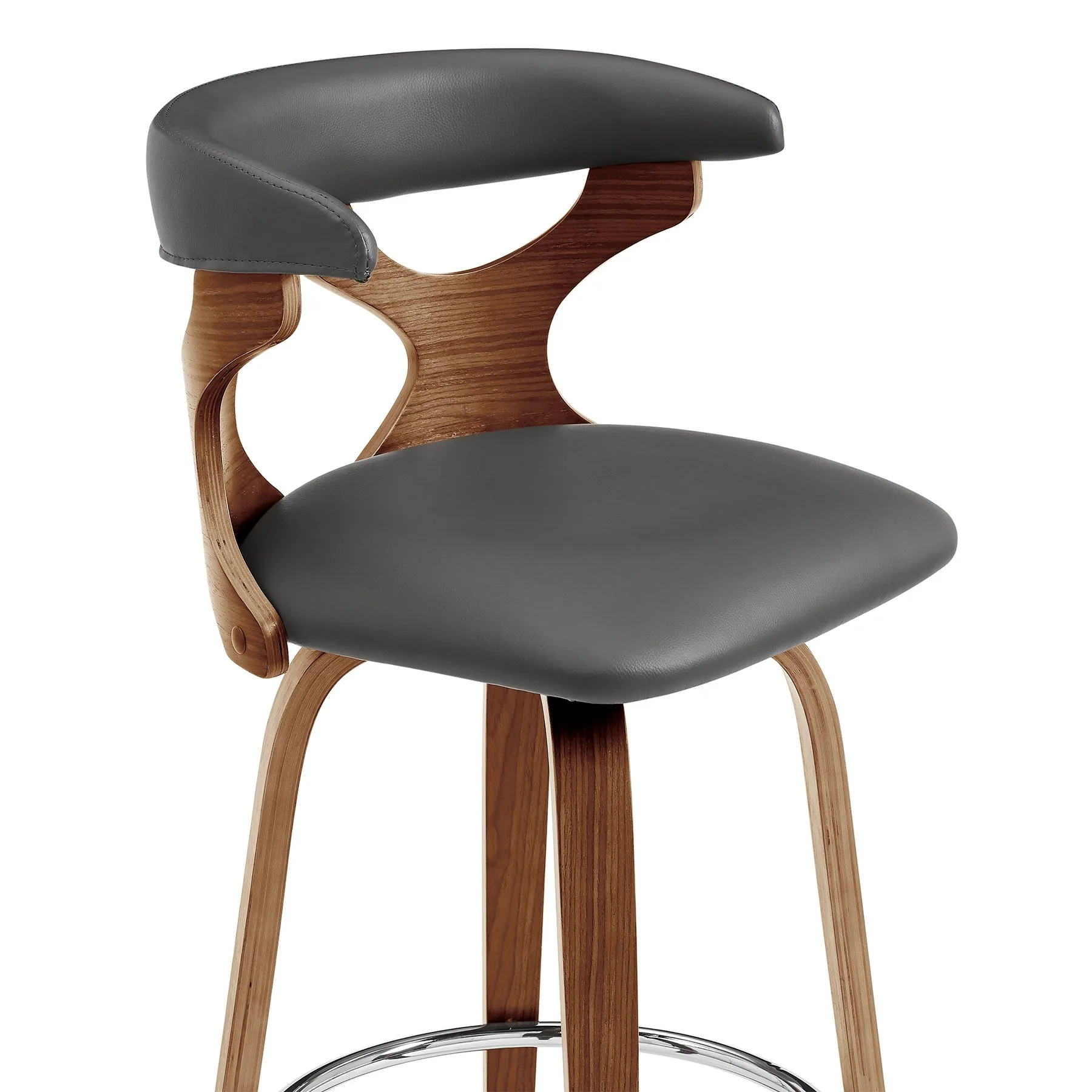 Zenia 30" Swivel Bar Stool in Gray Faux Leather and Walnut Wood - Image 6