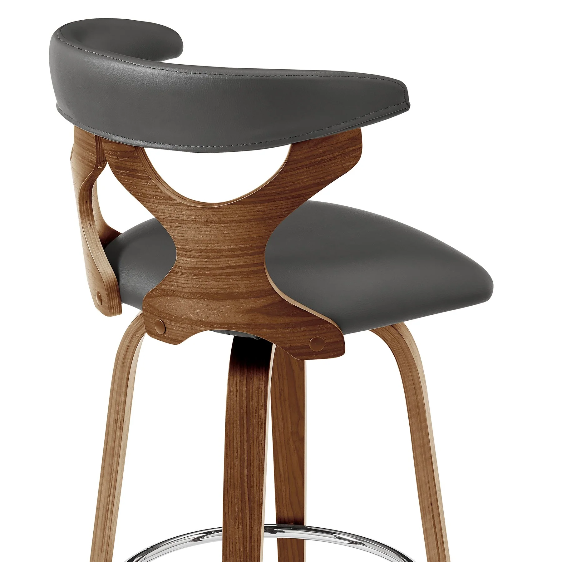 Zenia 30" Swivel Bar Stool in Gray Faux Leather and Walnut Wood - Image 7