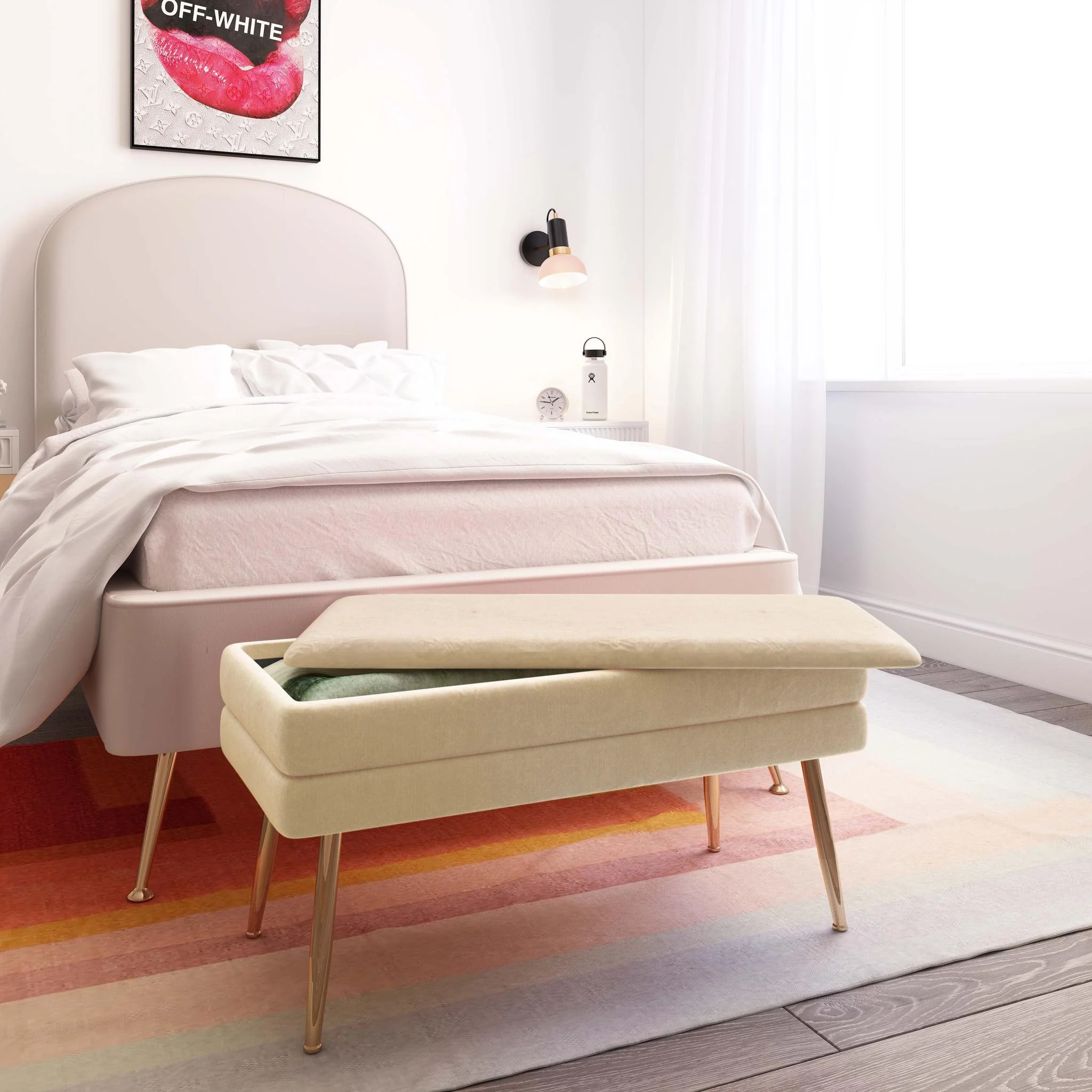 Ziva Cream Velvet Storage Bench - Image 2