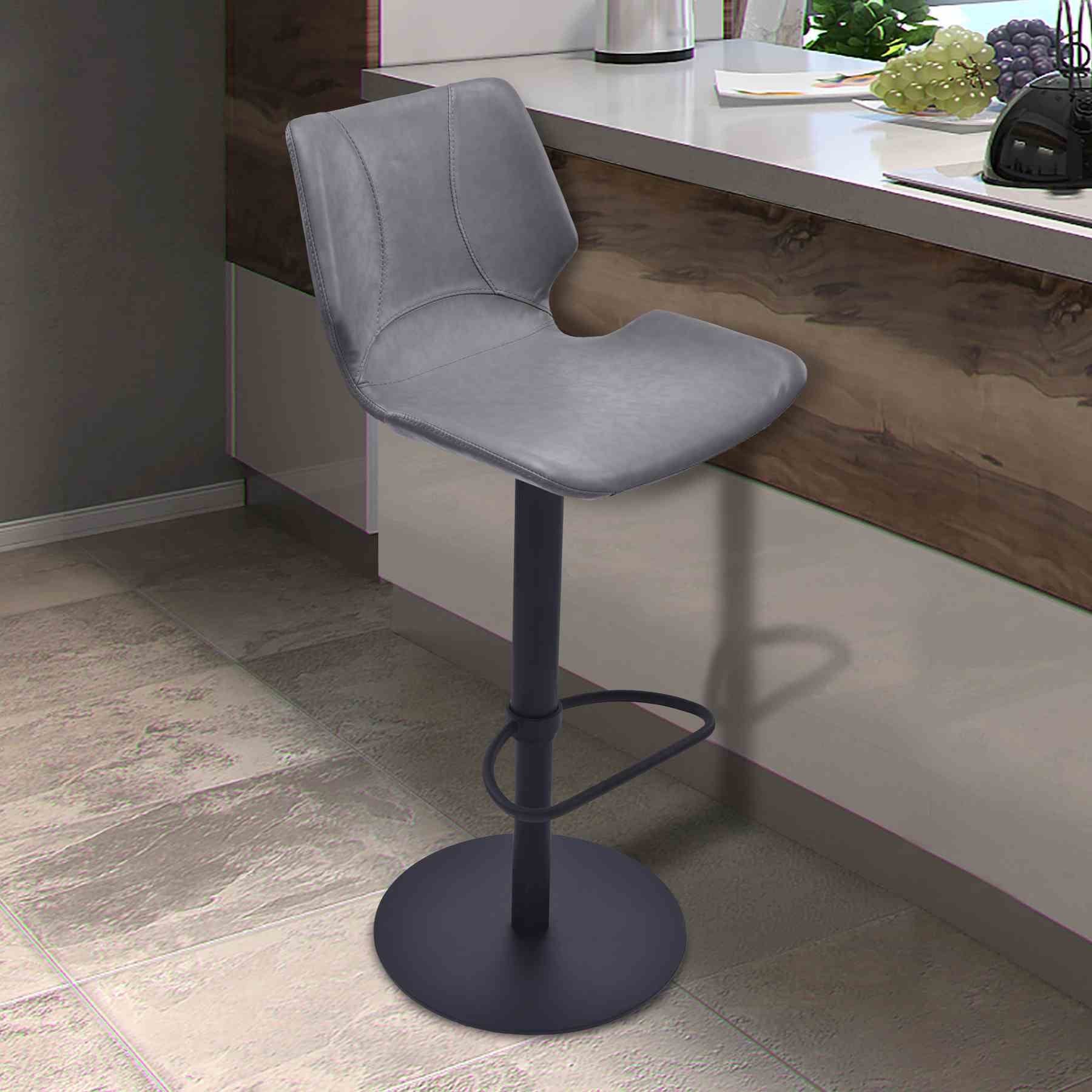 Zuma Adjustable Swivel Metal Barstool in Vintage Gray Faux Leather and Black Metal Finish - Image 5